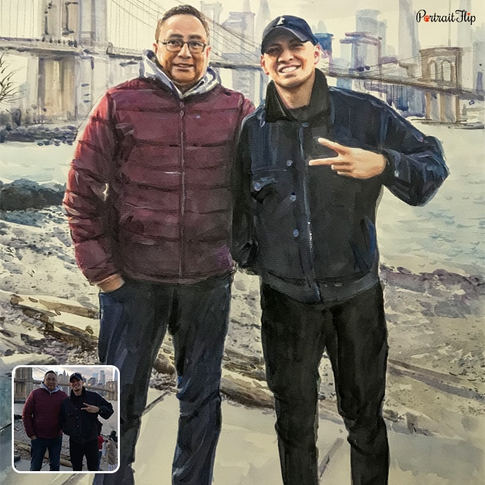 Watercolor painting of two men standing in front of a bridge