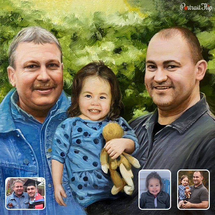 Christmas portraits where a baby girl is placed in the arms of a man along with another man standing beside them