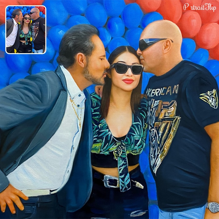 Portrait of a woman standing between two men who are kissing on her cheeks