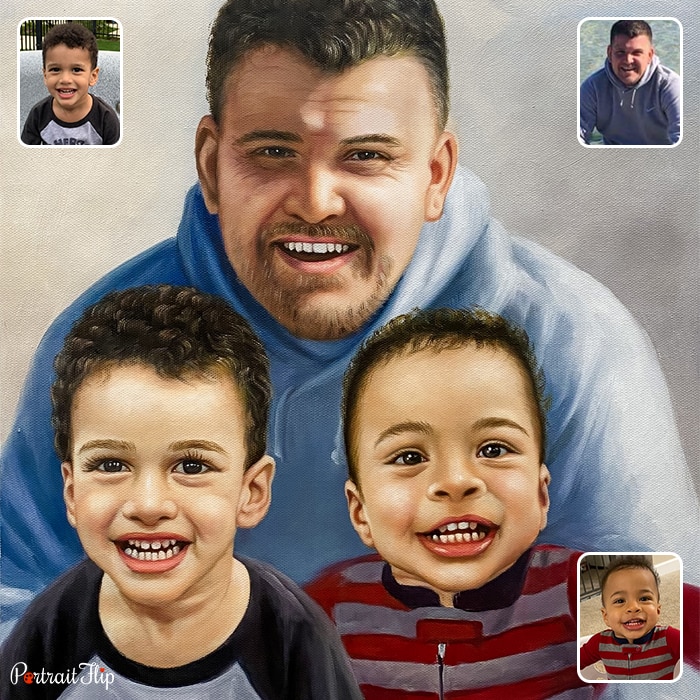 Christmas portraits where a man is placed behind two young boys