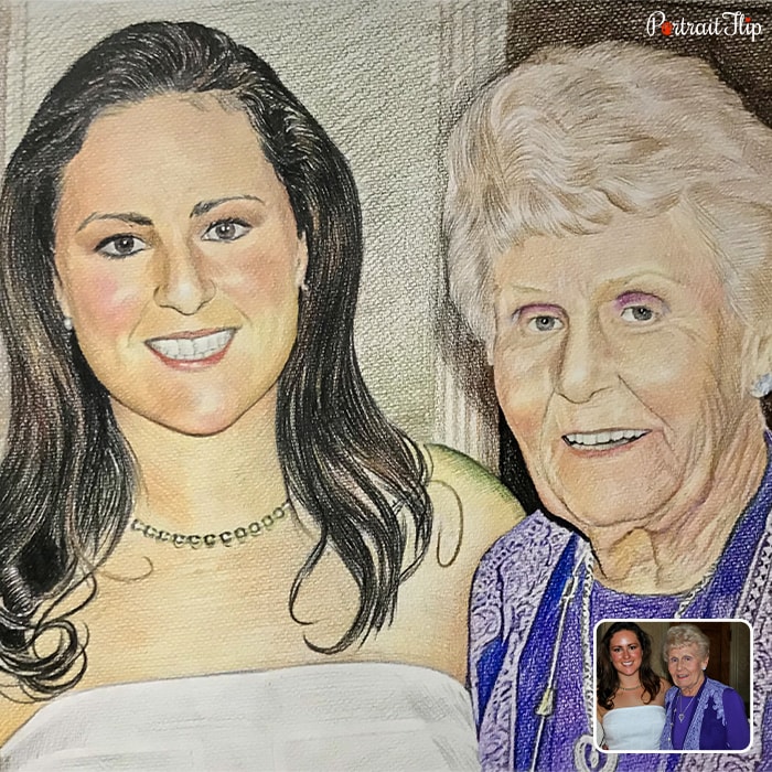 Colored Pencil painting of a young lady and an old woman