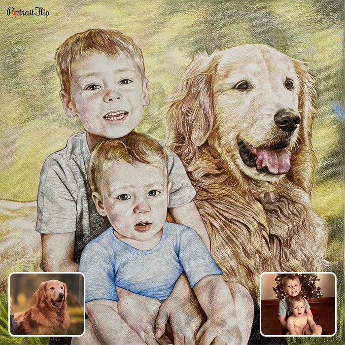 Colored pencil paintings where a younger boy is sitting on lap of elder boy with a golden retriever beside them