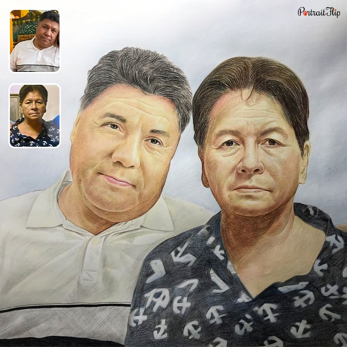 Compilation of colored pencil paintings where a man is placed next to a woman