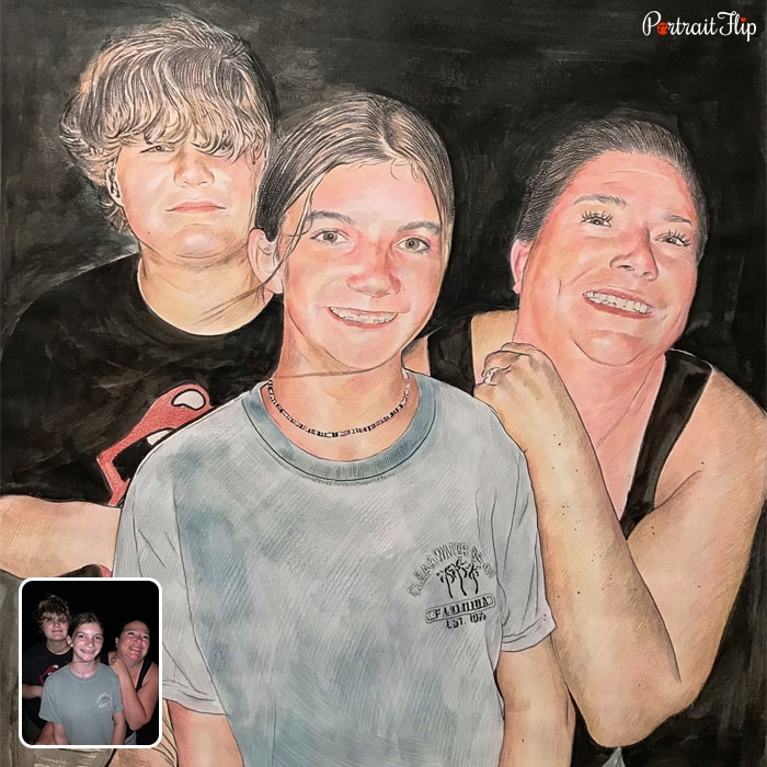 Colored pencil paintings of a teenage girl, a boy and a woman