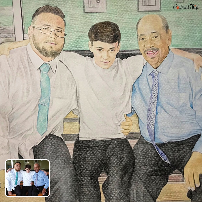 Painting where a boy is sitting between two men