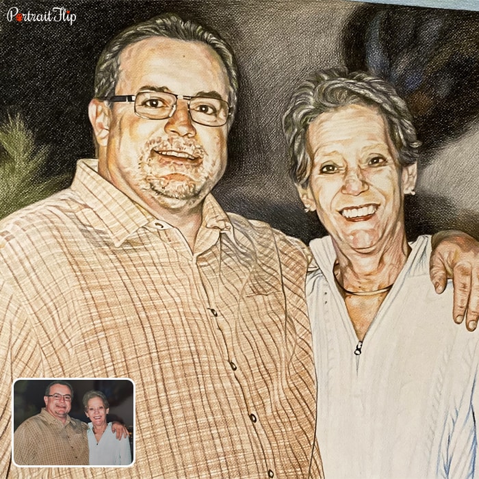 Colored pencil paintings where an old man and a woman is standing next to each other
