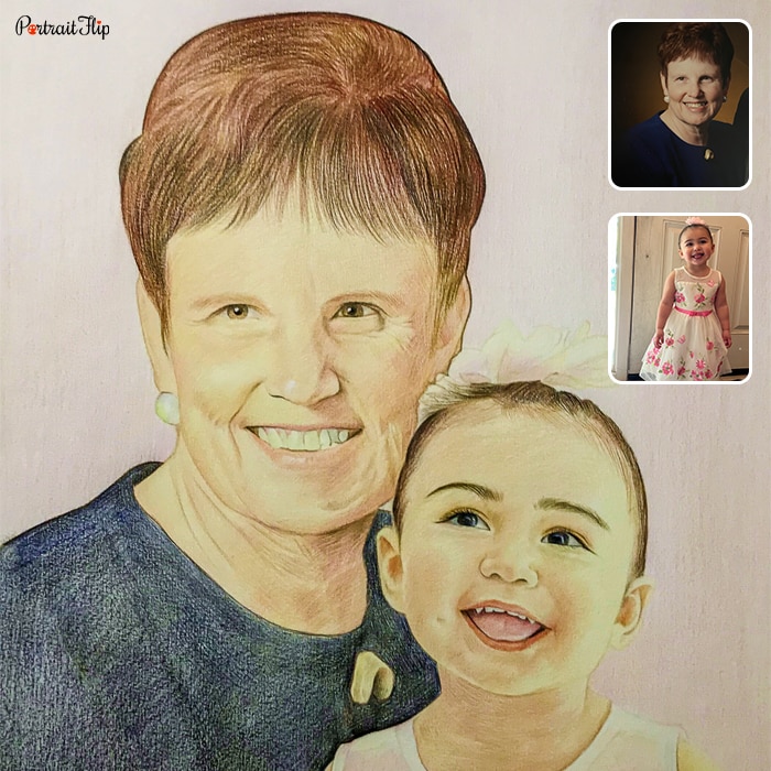 Colored pencil paintings where an old woman is placed behind a baby girl