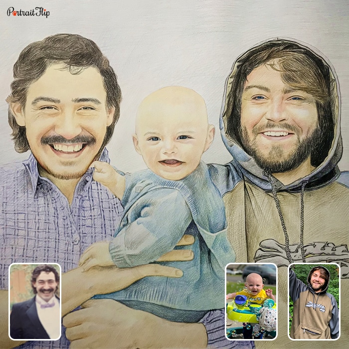 Compilation of colored pencil paintings where a baby is in the arms of a man along with another man placed next to them