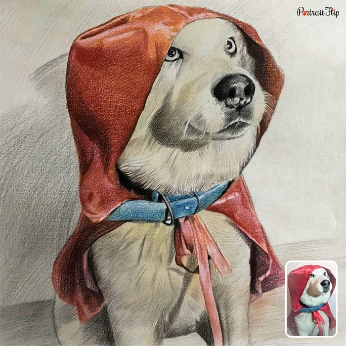 Painting of a dog wearing a red scarf on its head