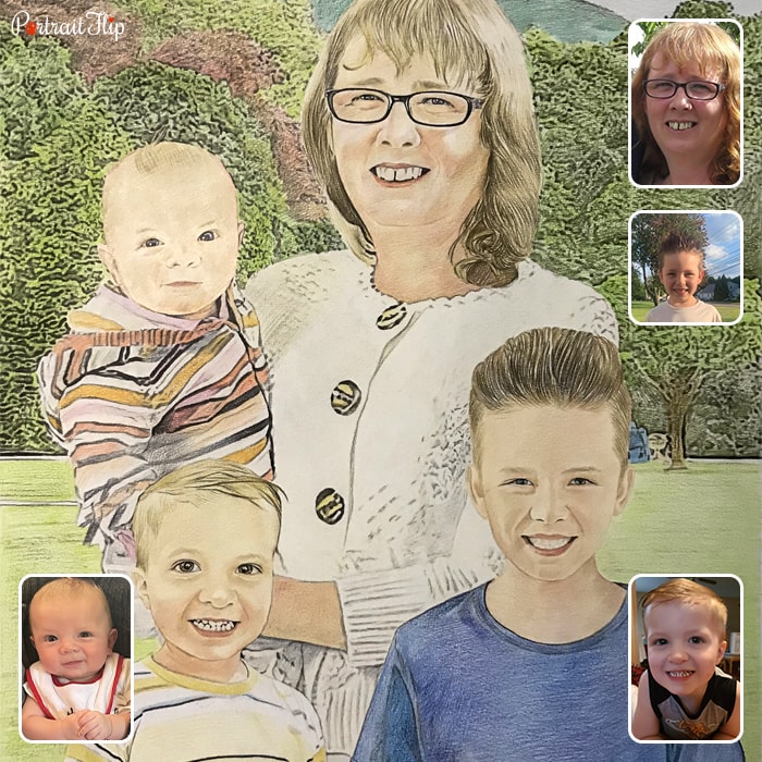 Colored pencil paintings where a lady is holding a baby with two young boys in front