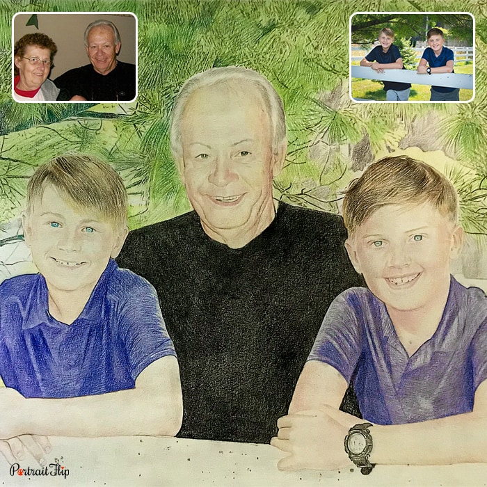 Colored pencil paintings where an old man is sitting between two young boys