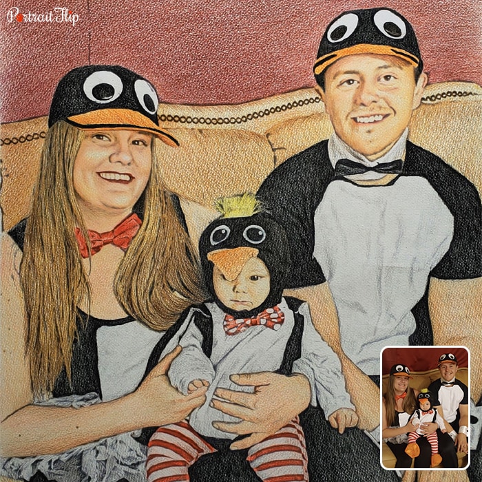 Painting of a baby, woman, and a man wearing penguin costume