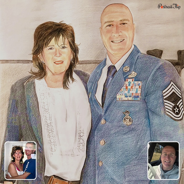 Picture of a woman and man standing next to each other where the man is wearing uniform is converted into merged portraits