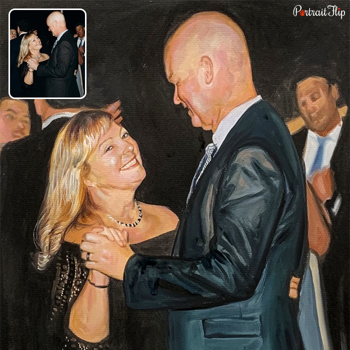 Painting of a bald man and a woman dancing with each other