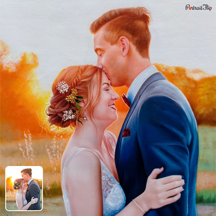 Painting of a bride and groom where the groom is kissing on the forehead of bride