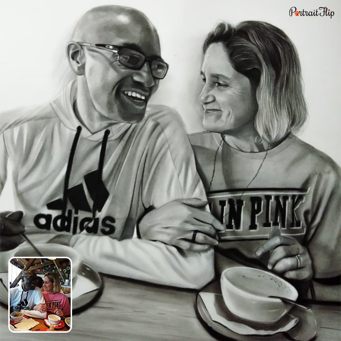 Black and white painting of an old couple where the man and woman are sitting on a coffee table while facing each other