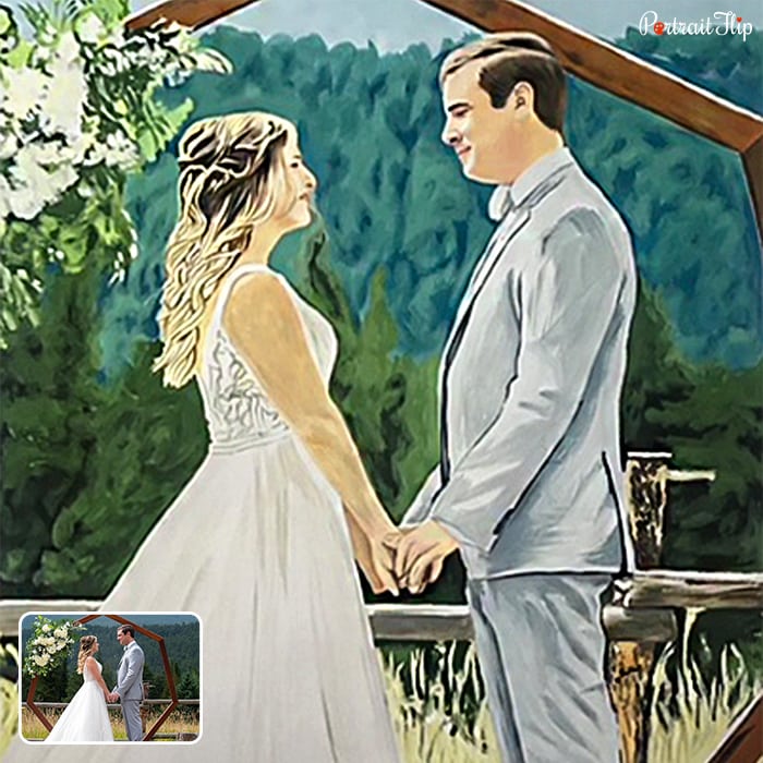 Painting of bride and groom holding hands while facing each other