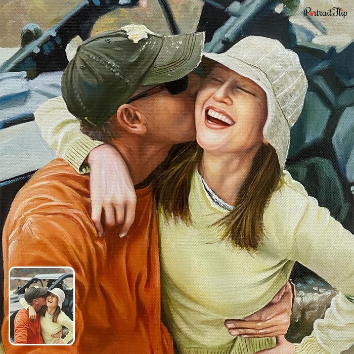Painting of a couple where the man is kissing on woman’s cheeks