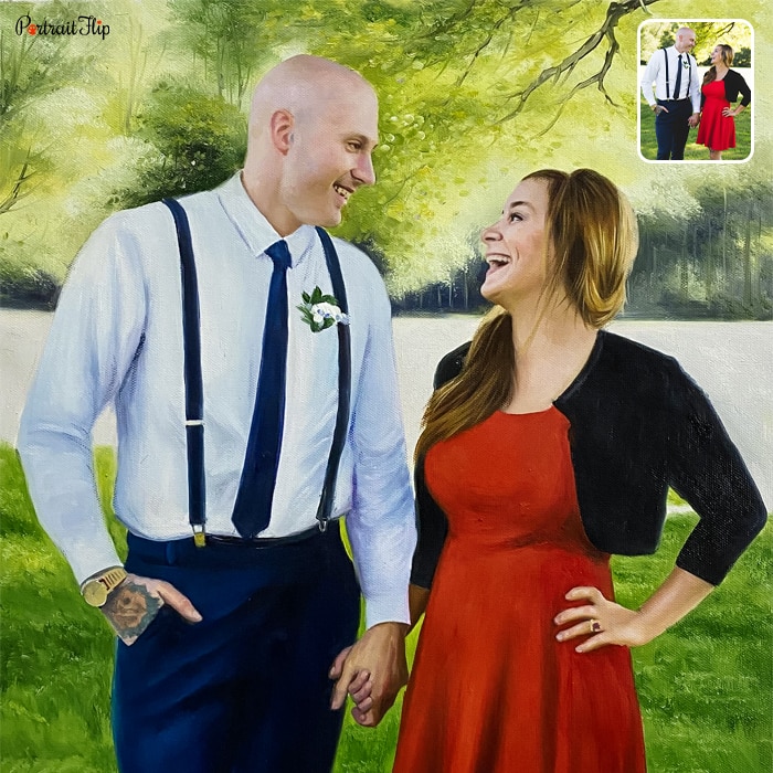 Couple portraits of a man and a woman holding hands while looking at each other
