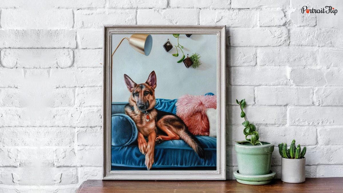a dog painting lay against the wall