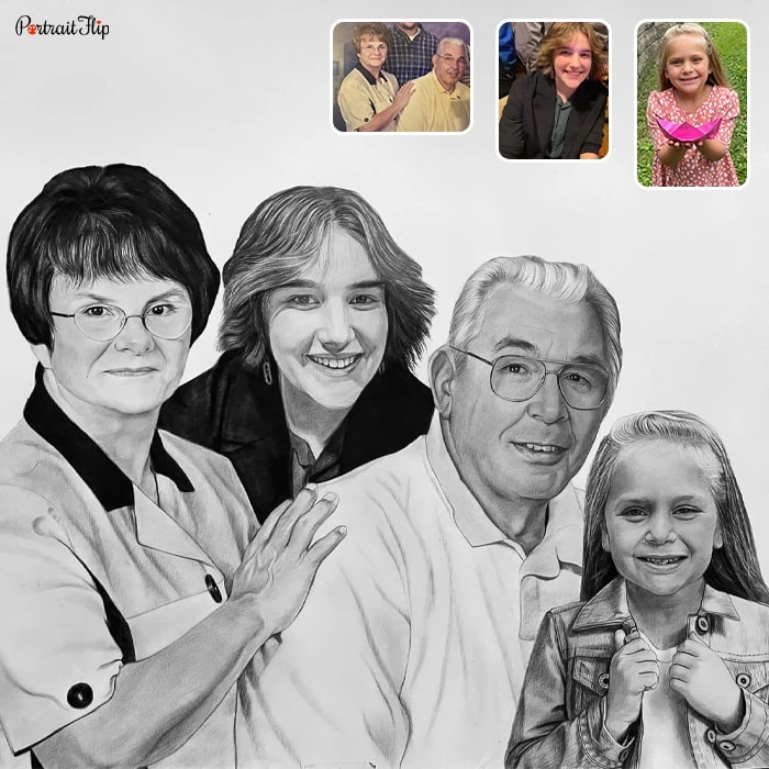 Compilation picture of a woman placed to the left with a girl beside and an old man along with a young girl that is converted into family portraits