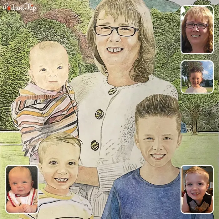 Compilation picture where a woman holding a baby is placed behind two young boys