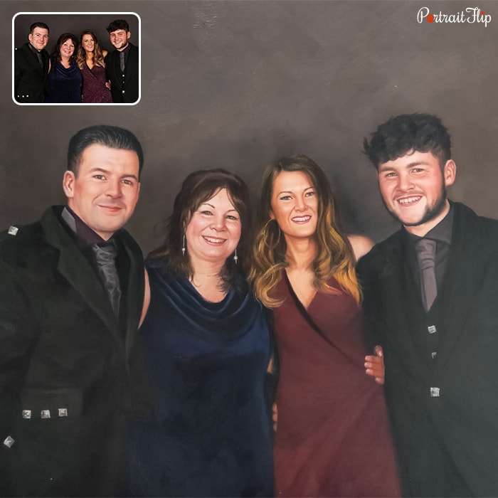 Family Portraits where two men in black suits are standing at each corner with two ladies in between