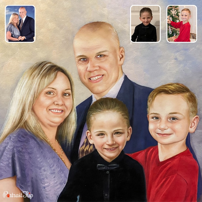 Oil family portraits where a bald man is placed behind a woman and two boys