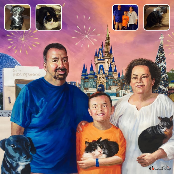Family portraits of a boy holding a cat is placed between a man and a woman also holding a cat and a dog beside them standing in a background of Disneyland