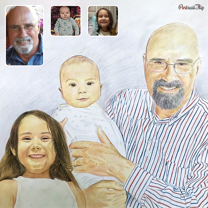 Colored pencil portraits where a bald man is holding a newborn baby along a young girl standing next to him