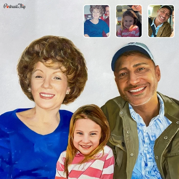 Compilation of family portraits where a young girl is placed between a woman and a man