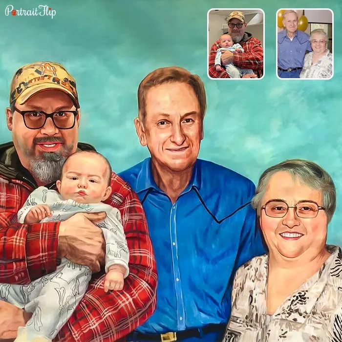 Family portraits of an old woman, an old man, and a man with a newborn baby in his hand