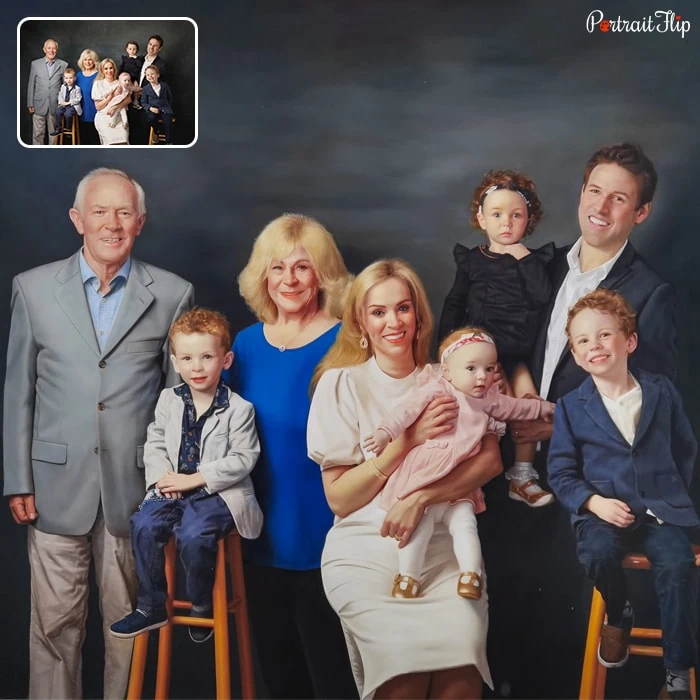 Photo of a family where an old man is standing in the left corner beside a baby boy, an old woman, a young woman sitting with a baby girl in her arms, and a boy with a man holding a baby girl behind them is converted into a family portraits