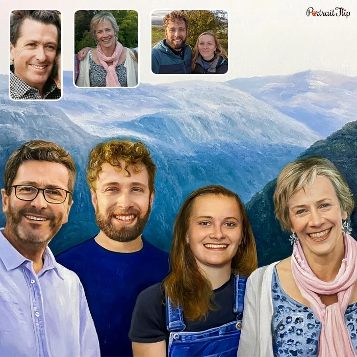 Family portraits of a man standing in the left corner beside a man and two women in a mountain background