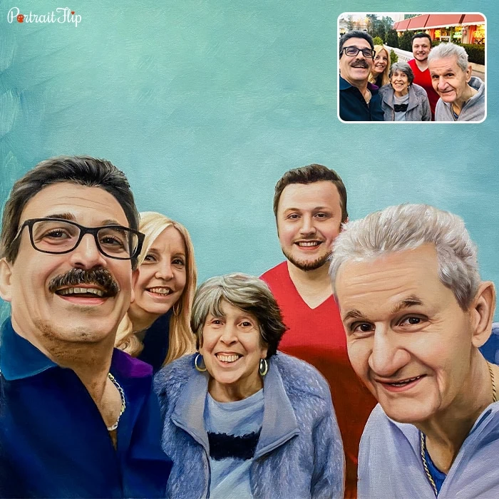 Family Portraits where a man is taking selfie with an old woman and man along with a middle age woman and young man behind