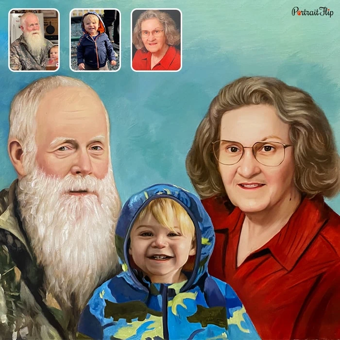 Compilation picture of a baby boy placed between an old man and woman