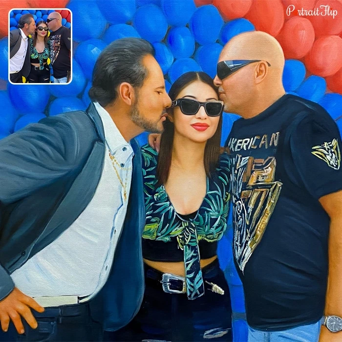 Picture of a woman standing between two men kissing on her forehead