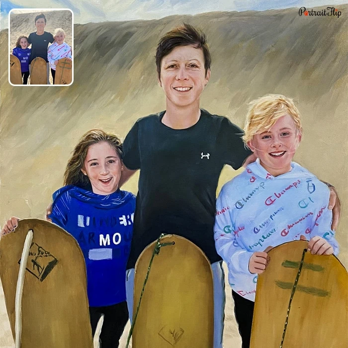 Picture of a woman standing between two young girls with a skateboard