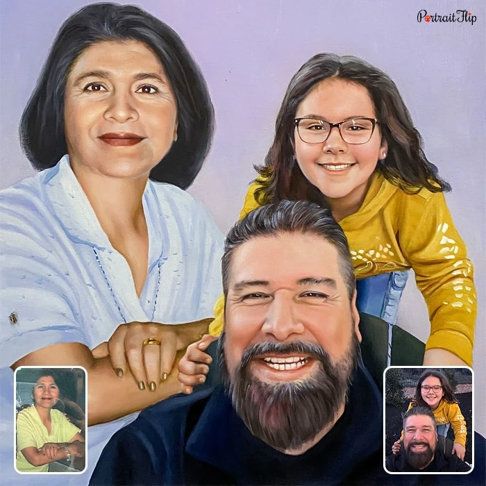 Compilation picture of family portraits where a young girl is sitting behind the back of a man with a woman beside her