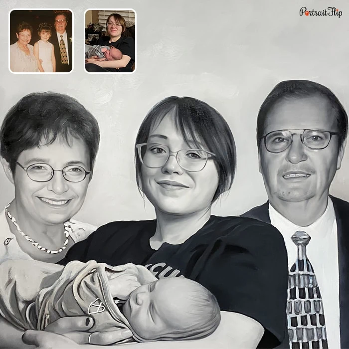 Black and white picture of a woman holding a newborn baby in her hands along with an old woman and man beside her