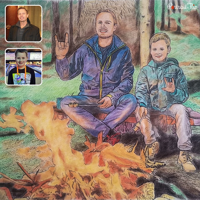 Father’s day paintings where a man and a young boy are sitting near a bonfire