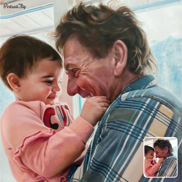 Picture of an old man holding a baby in his arms is converted into father’s day paintings