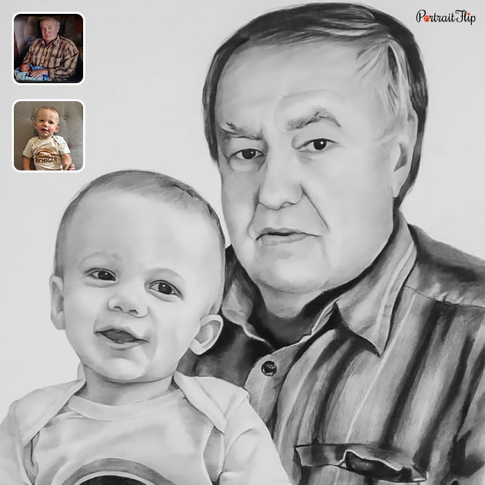 Black and white picture of an old man with a baby is converted into father’s day paintings
