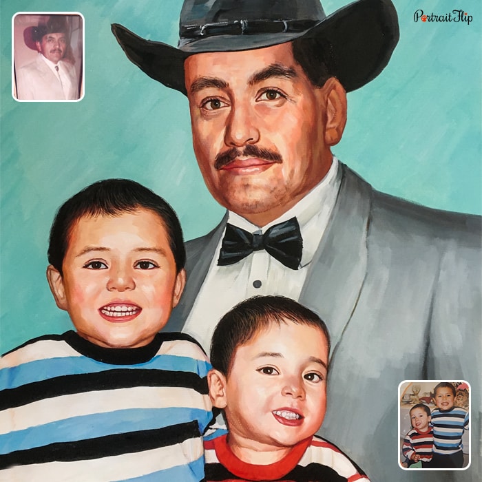 Father’s day paintings where a man with black hat is standing behind two boys in front of him