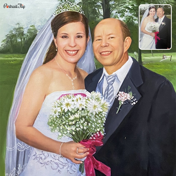 Father's day paintings where an old man is standing beside a bride with bouquet of flowers in her hand
