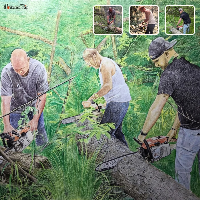 Father’s day paintings of three men cutting trees with chainsaws