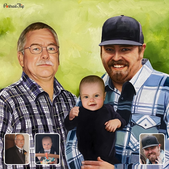 Father’s day paintings where a man is holding a baby with an old man standing beside them