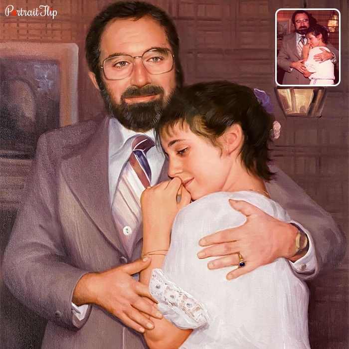 Picture of a young lady near the chest of an old man is converted into father’s day paintings