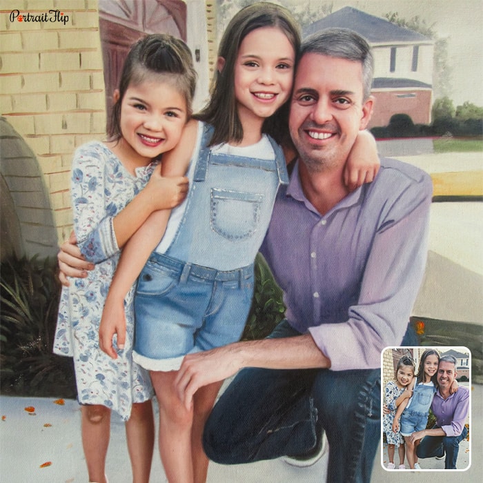 Father’s day paintings of a man with two young girls standing beside him