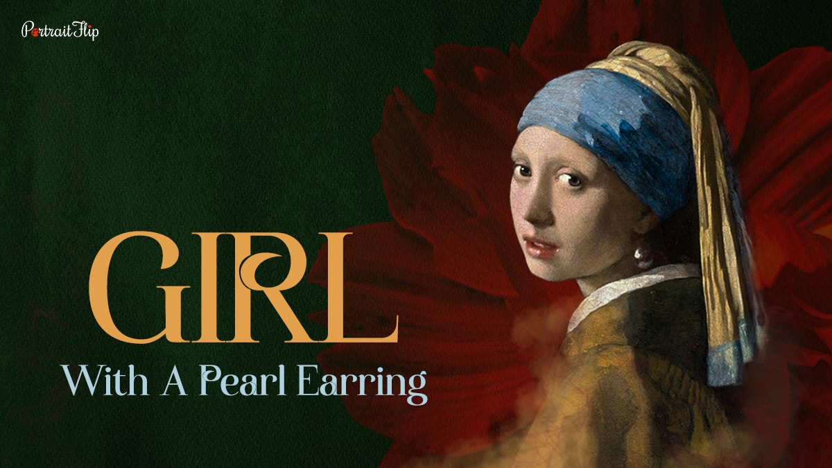 The Girl with a pearl earring painting in red gradient background.